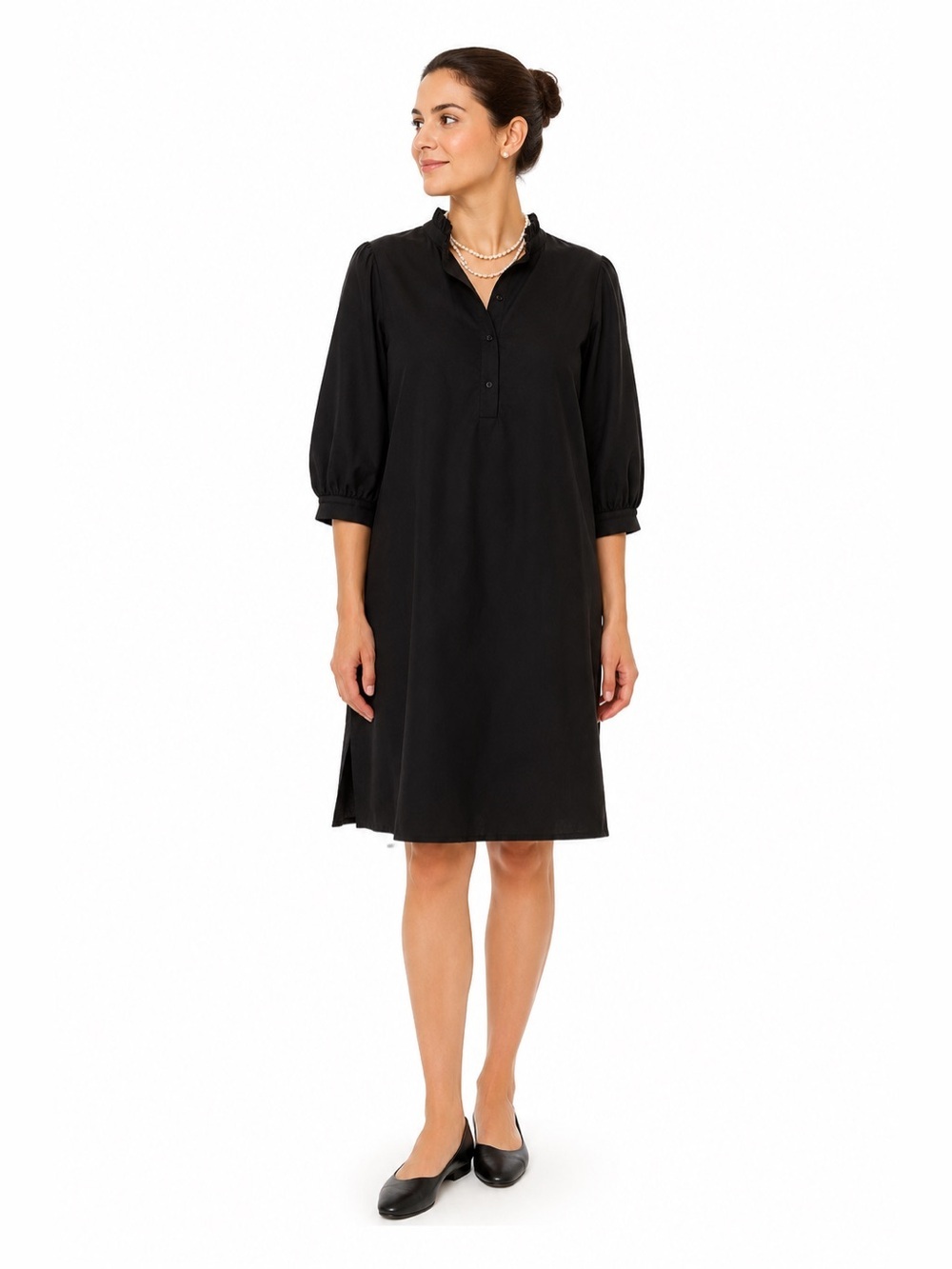Preston and York Ruffle Collar Shift Shirt Dress 3/4 Puff Sleeve Black Size 8.